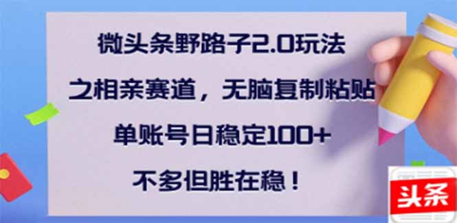 （14334期）微头条野路子2.0玩法之相亲赛道，无脑搬砖复制粘贴，单账号日稳定300+…-网创汇