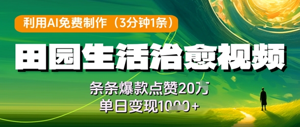 利用AI免费制作田园生活治愈视频，条条爆款点赞20W，单日变现几张-网创汇