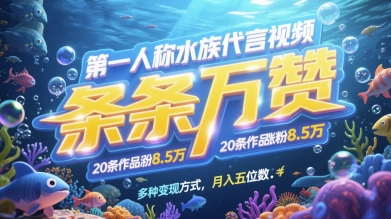 第一人称水族代言视频，条条万赞，20条作品涨粉7.8W，多种变现方式月入五位数-网创汇